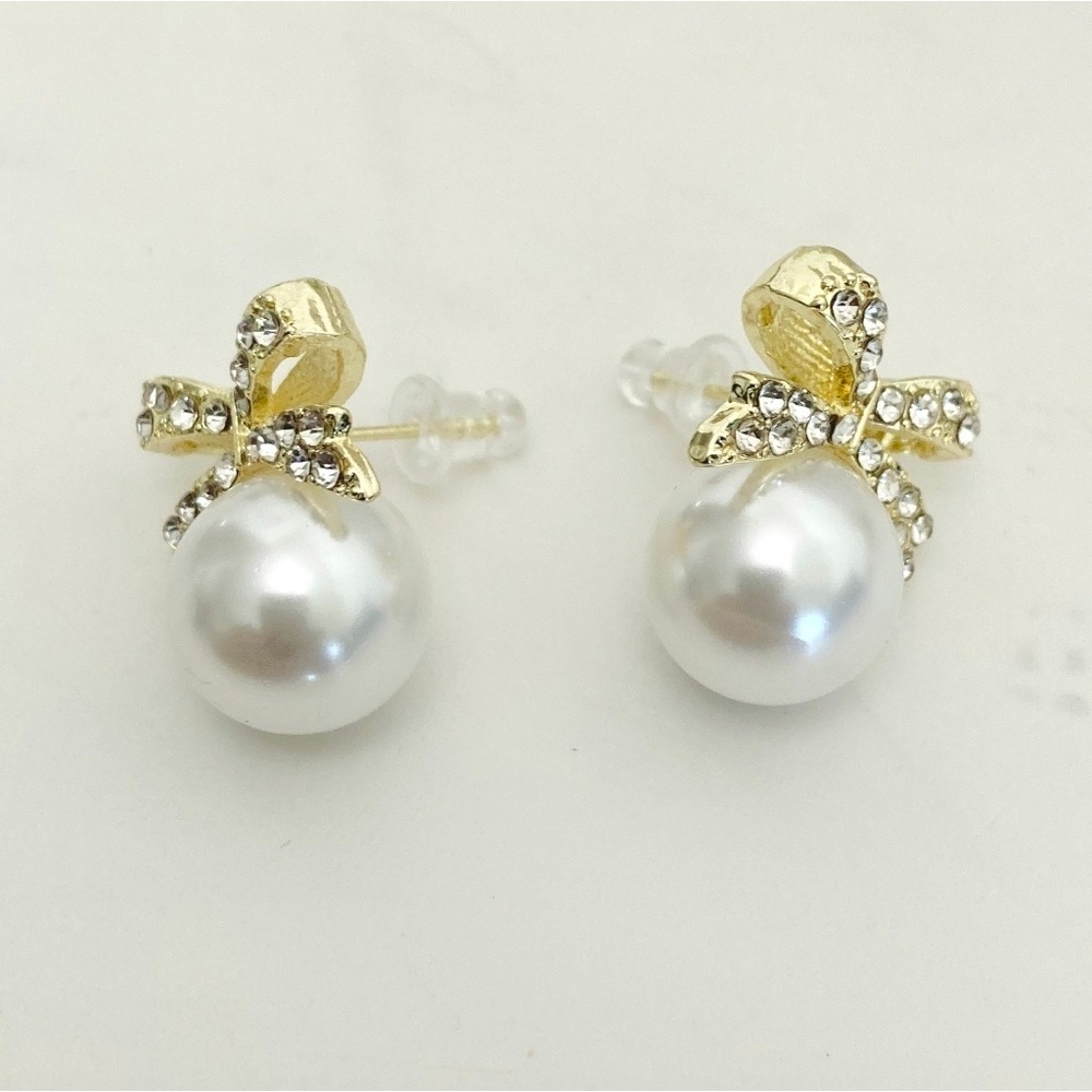 Gold Bow Stud Earrings 18K Faux Pearl Rhinestone Coquette Romantic 💖 - Picture 11 of 13